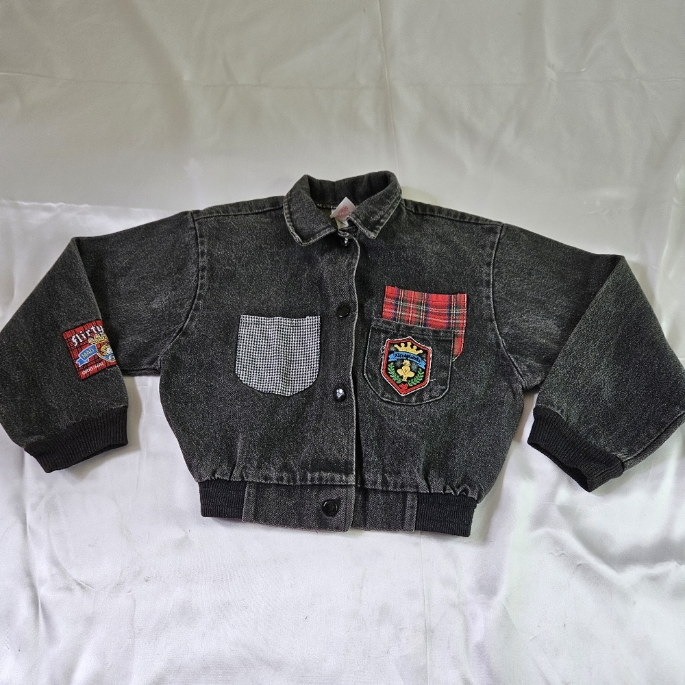 Vintage 80's Girls Buster Brown Patch Denim Jacket Size 7/8 Button Dolman Sleeve